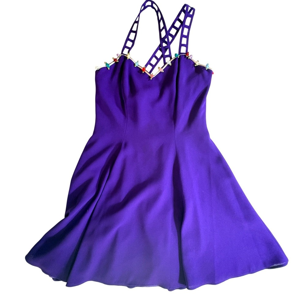 CDc Evening Purple Cocktail Dress Womens 8 Fit Flare Floral Trim Cage Strap Mini